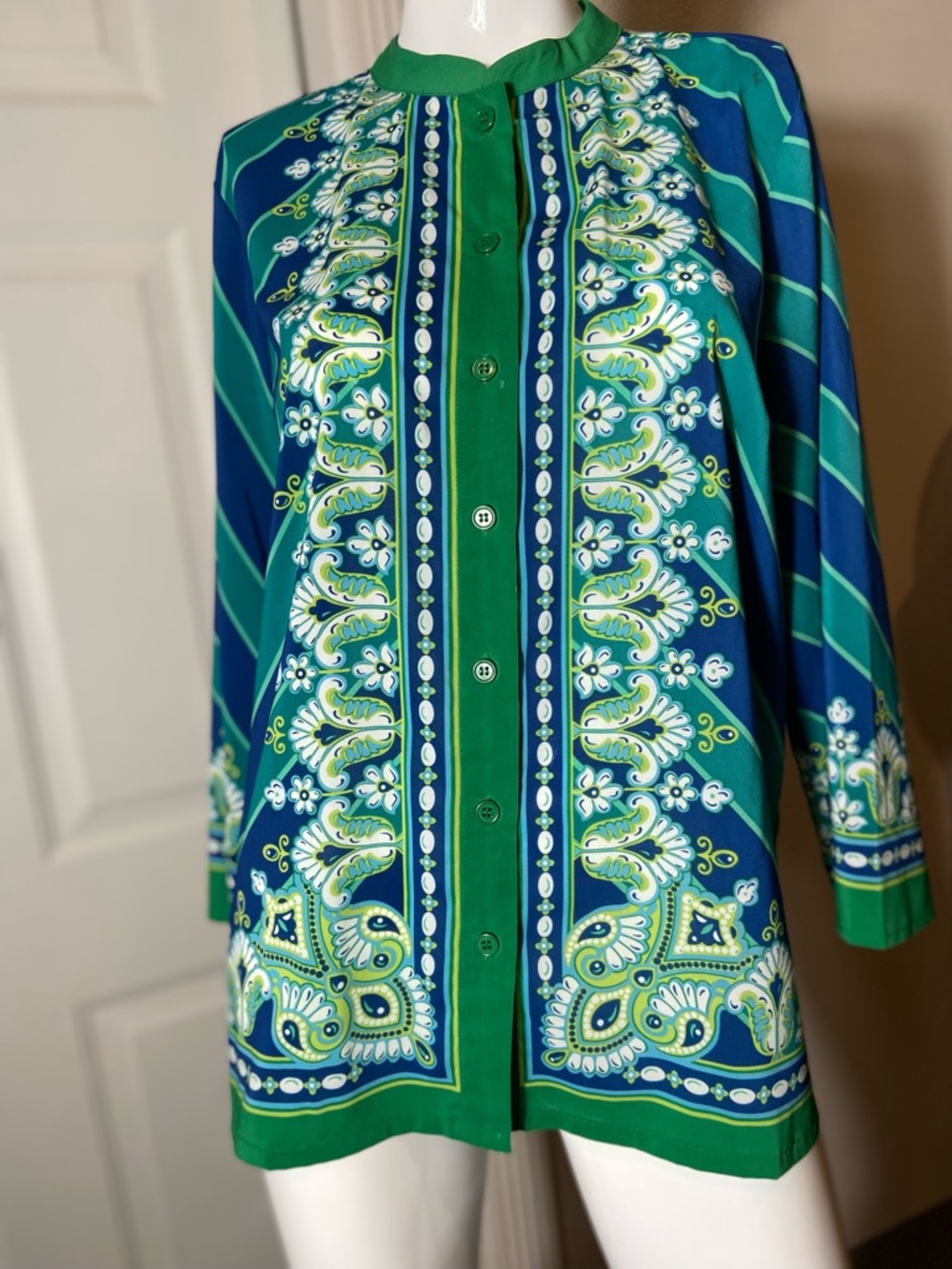 Bob Mackie~VTG~Vibrant~Floral & Stripe~Wearable Art~Blouse~3/4 Sleeve~Size M